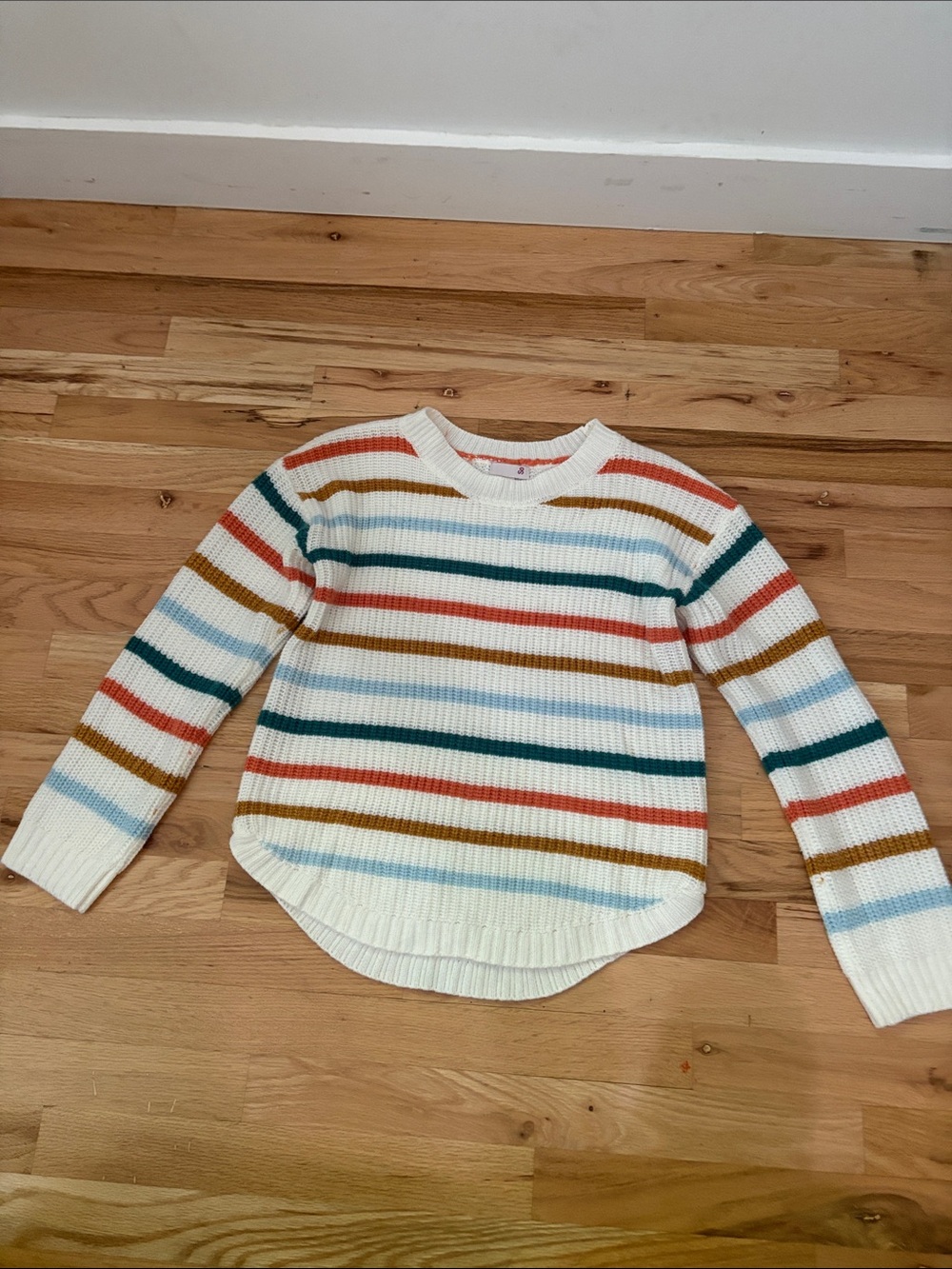 SO Cream Crewneck Sweater with Blue, Teal, Rust & Mustard Stripes